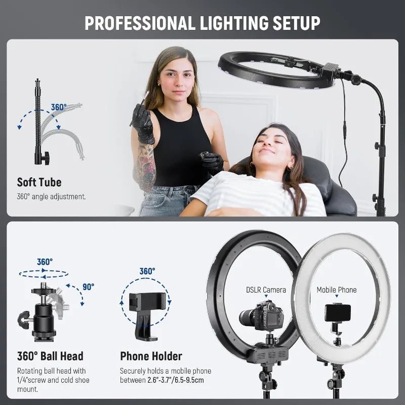 NEEWER Ring Light 18inch Kit: 55W 5600K Professional LED with Stand and Phone Holder, Soft Tube & Bag for Tattoo Lash Extension - My Store