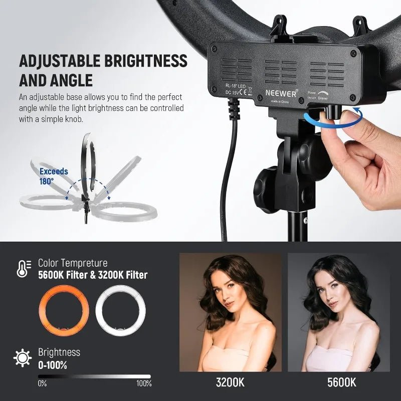 NEEWER Ring Light 18inch Kit: 55W 5600K Professional LED with Stand and Phone Holder, Soft Tube & Bag for Tattoo Lash Extension - My Store